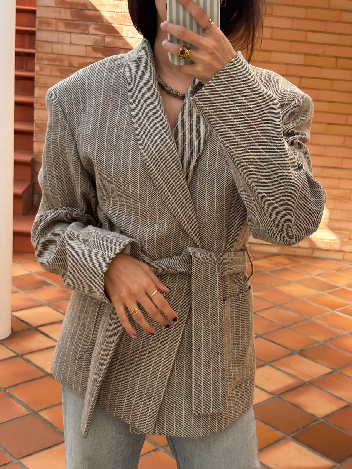 Blazer Oversized às Riscas com Cinto