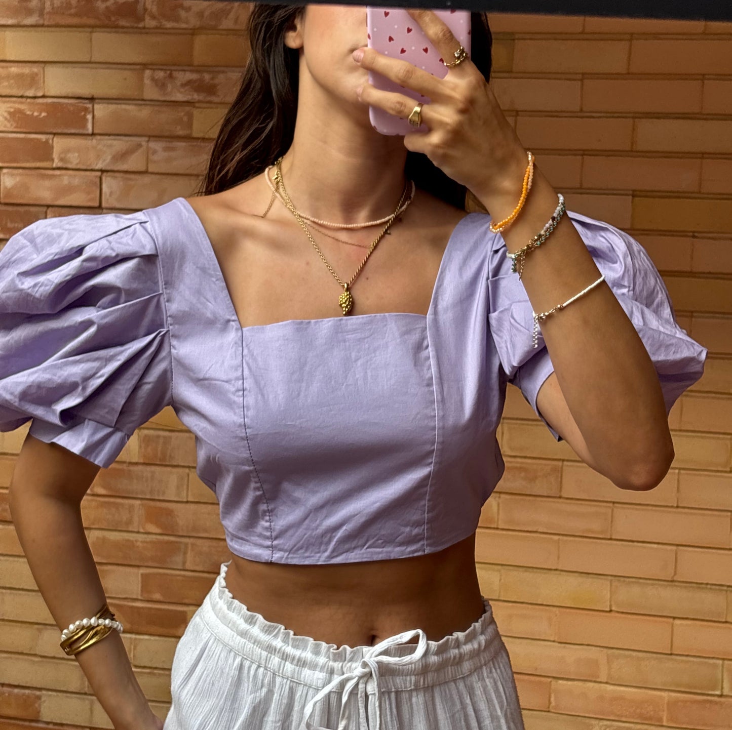 Top Lilás Manga Balão Decote Quadrado