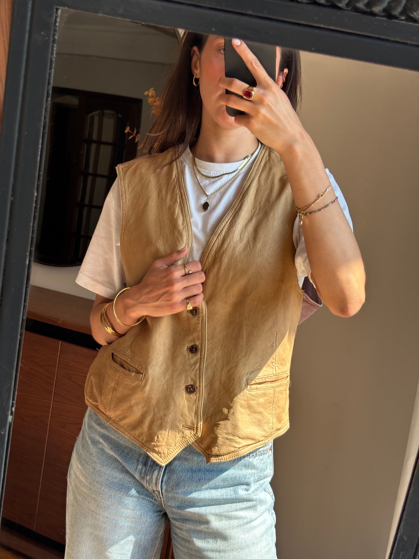 Colete em Pele Camel Vintage