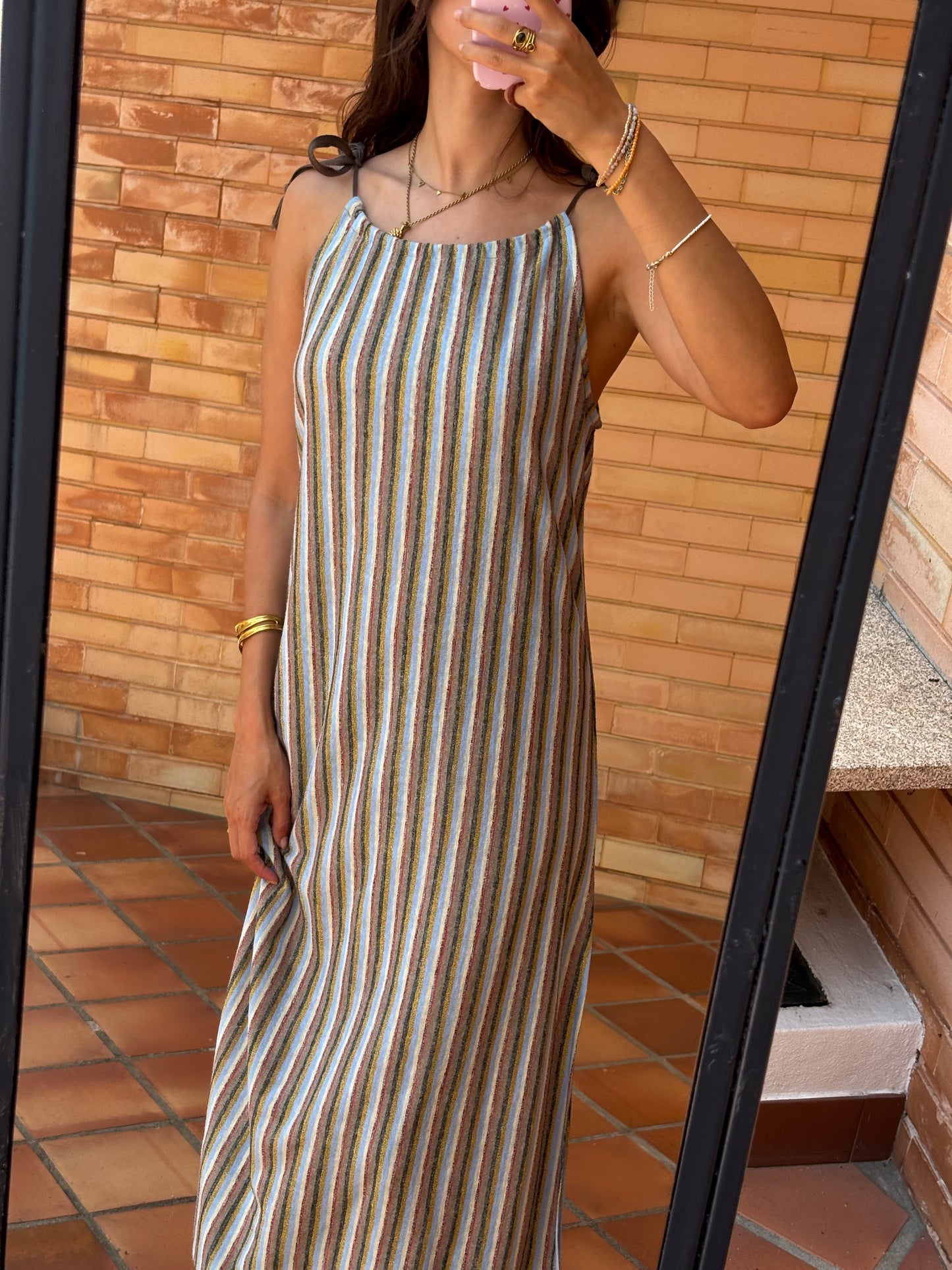 Vestido Maxi Riscas em Linho
