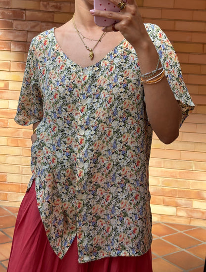 Blusa Floral Manga Ampla Acetinada
