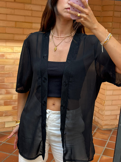 Kimono Transparente Preto Bordado