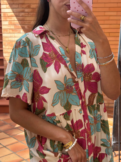 Vestido Midi Floral Estampado Tropical