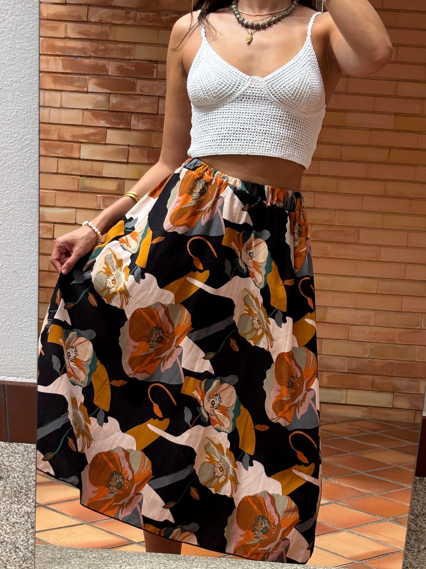 Saia Midi Estampado Floral Abstrato