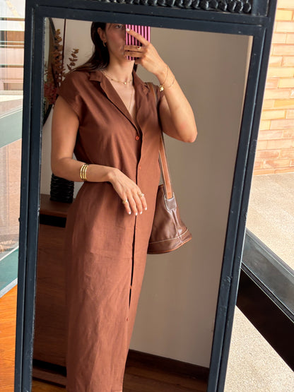 Vestido Midi Castanho em linho com Botões