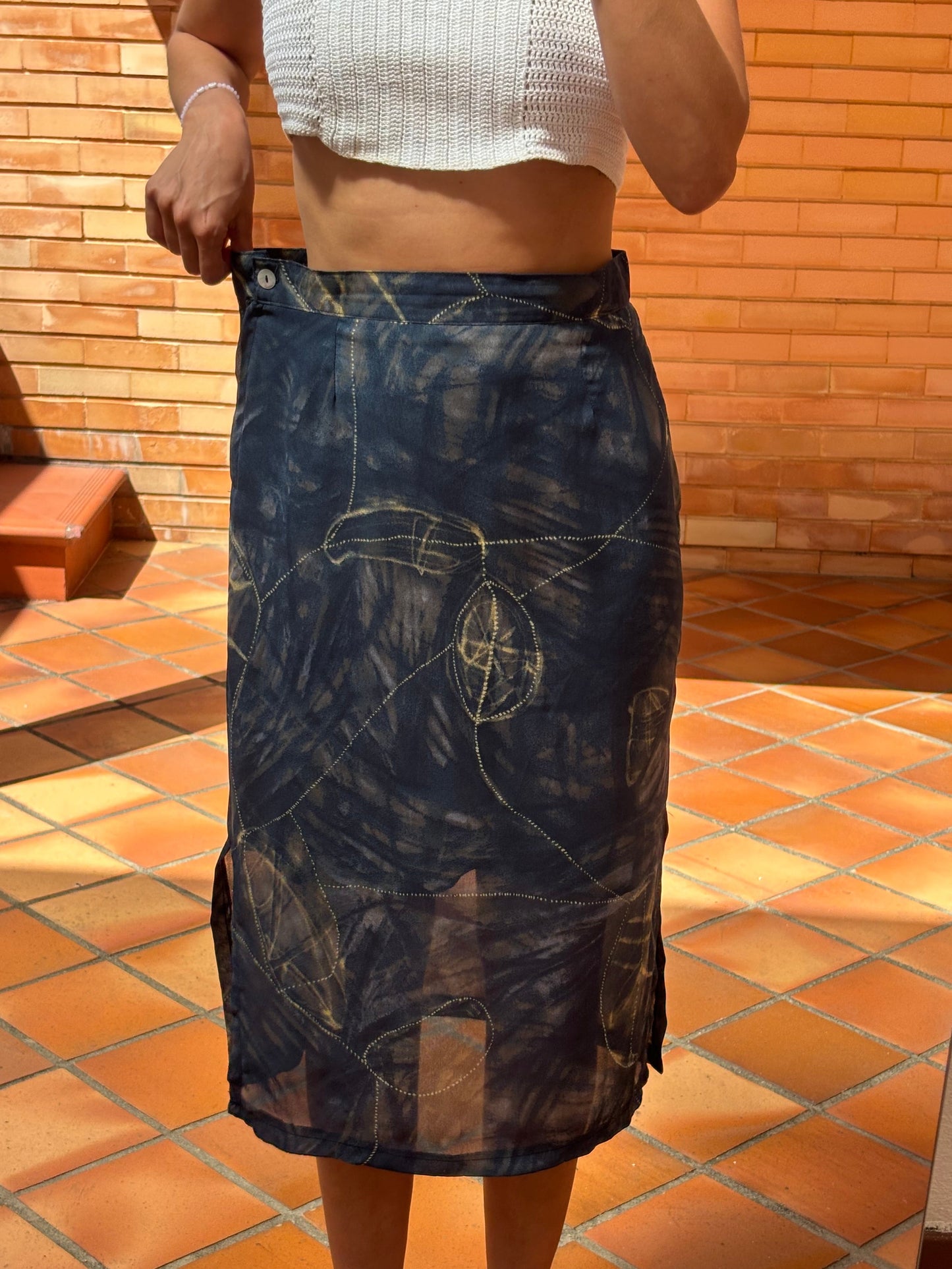 Saia Midi Vintage Azul Escuro