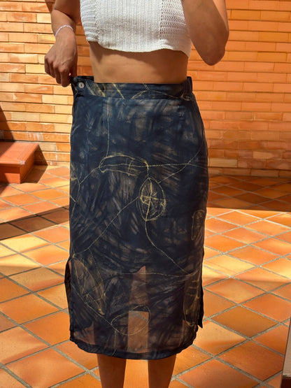 Saia Midi Vintage Azul Escuro