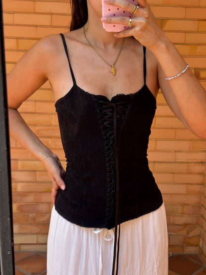 Top Renda Preta Efeito Corset