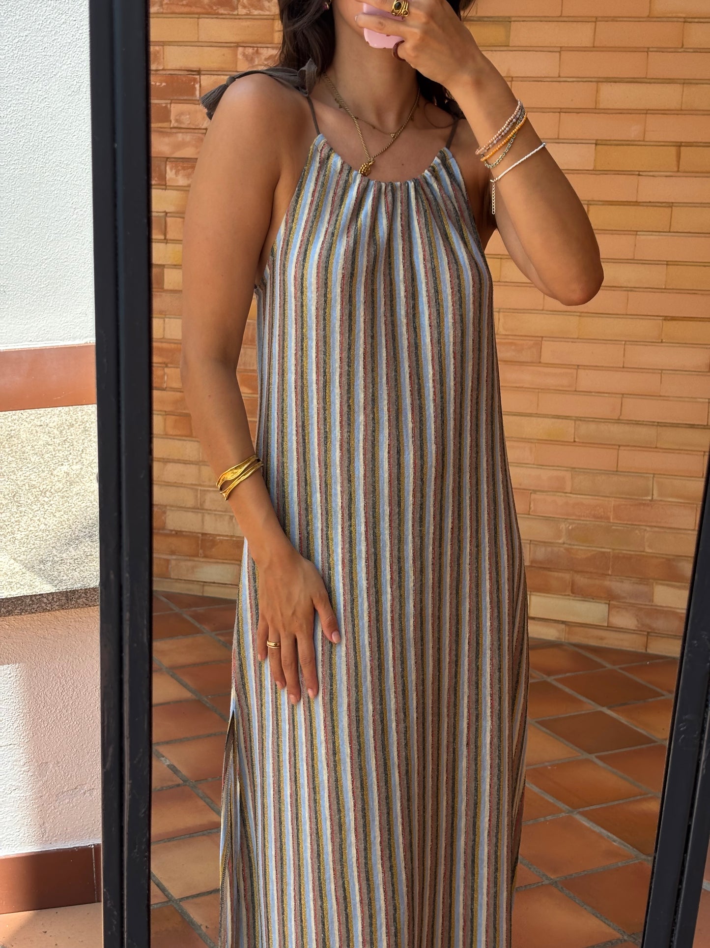 Vestido Maxi Riscas em Linho
