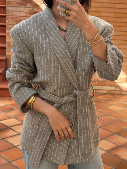 Blazer Oversized às Riscas com Cinto