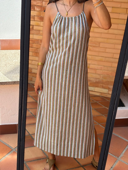 Vestido Maxi Riscas em Linho