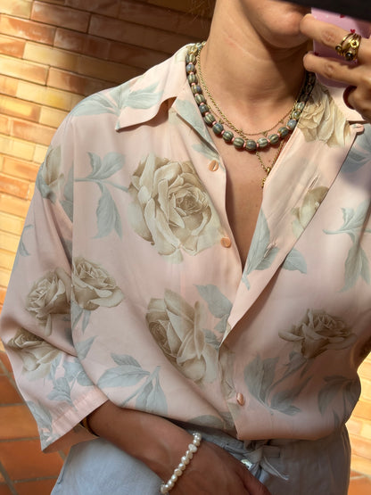 Camisa Floral Rosa Vintage Acetinada