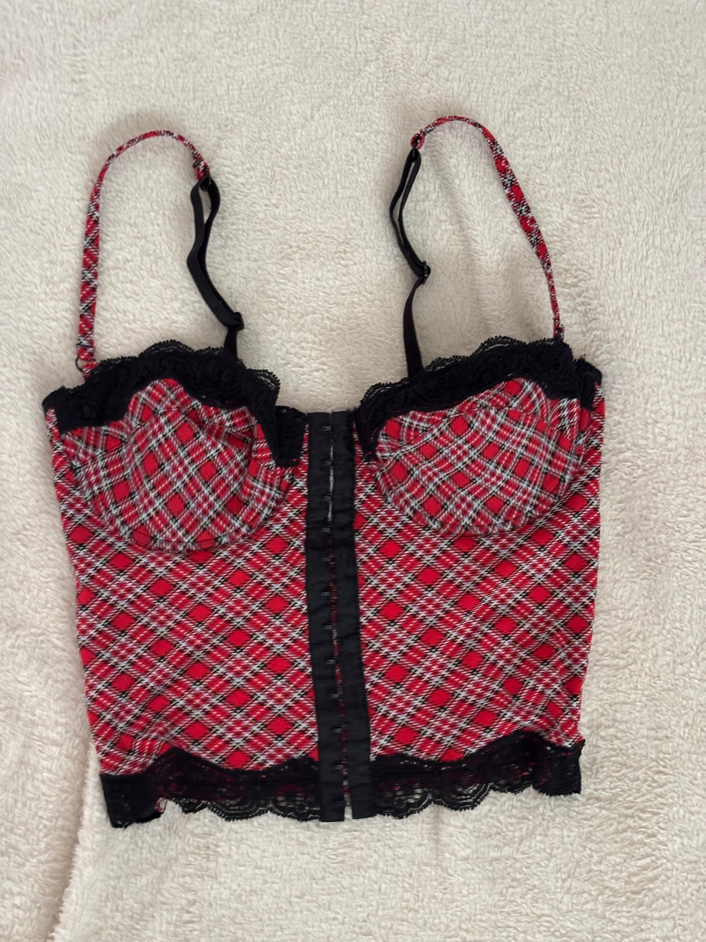 Corpete Xadrez Vermelho e Renda Preta