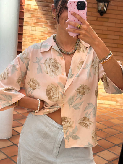 Camisa Floral Rosa Vintage Acetinada