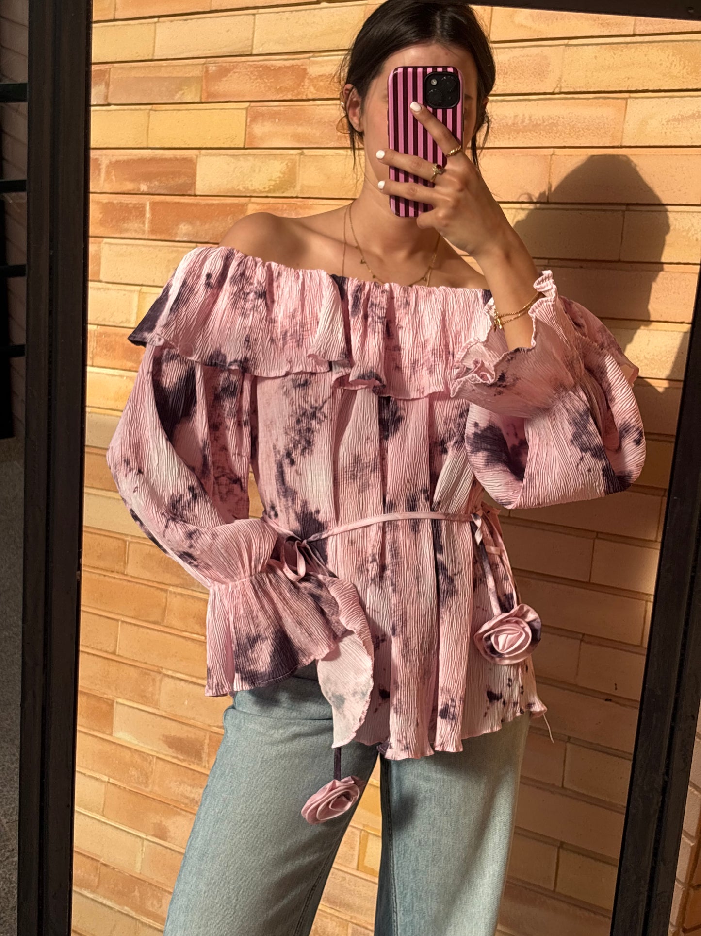 Blusa Off-Shoulder Rosa Tie-Dye