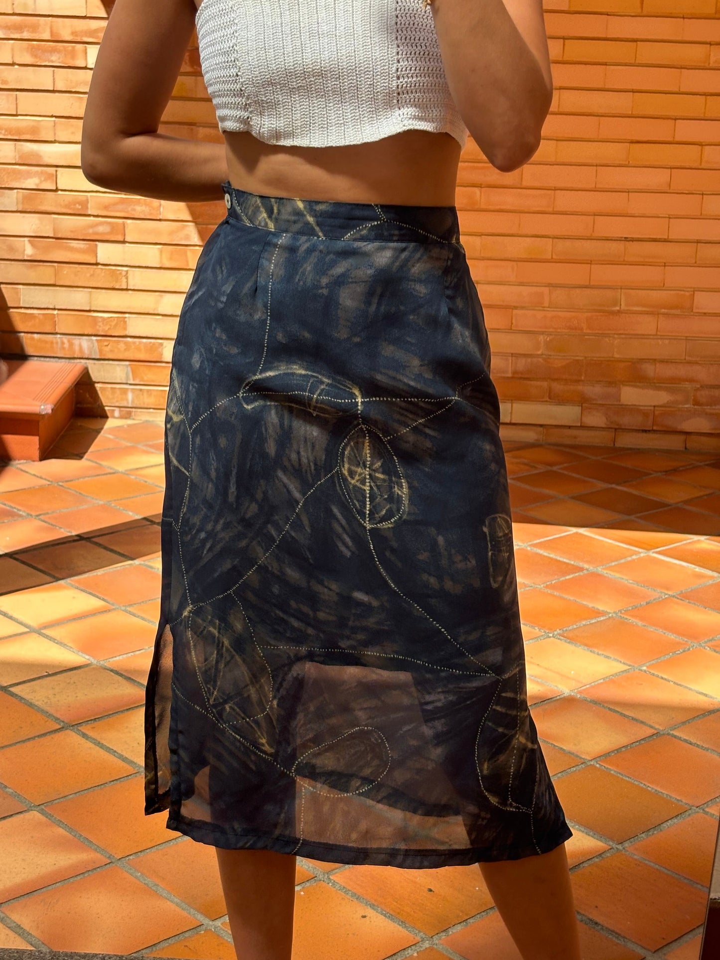 Saia Midi Vintage Azul Escuro
