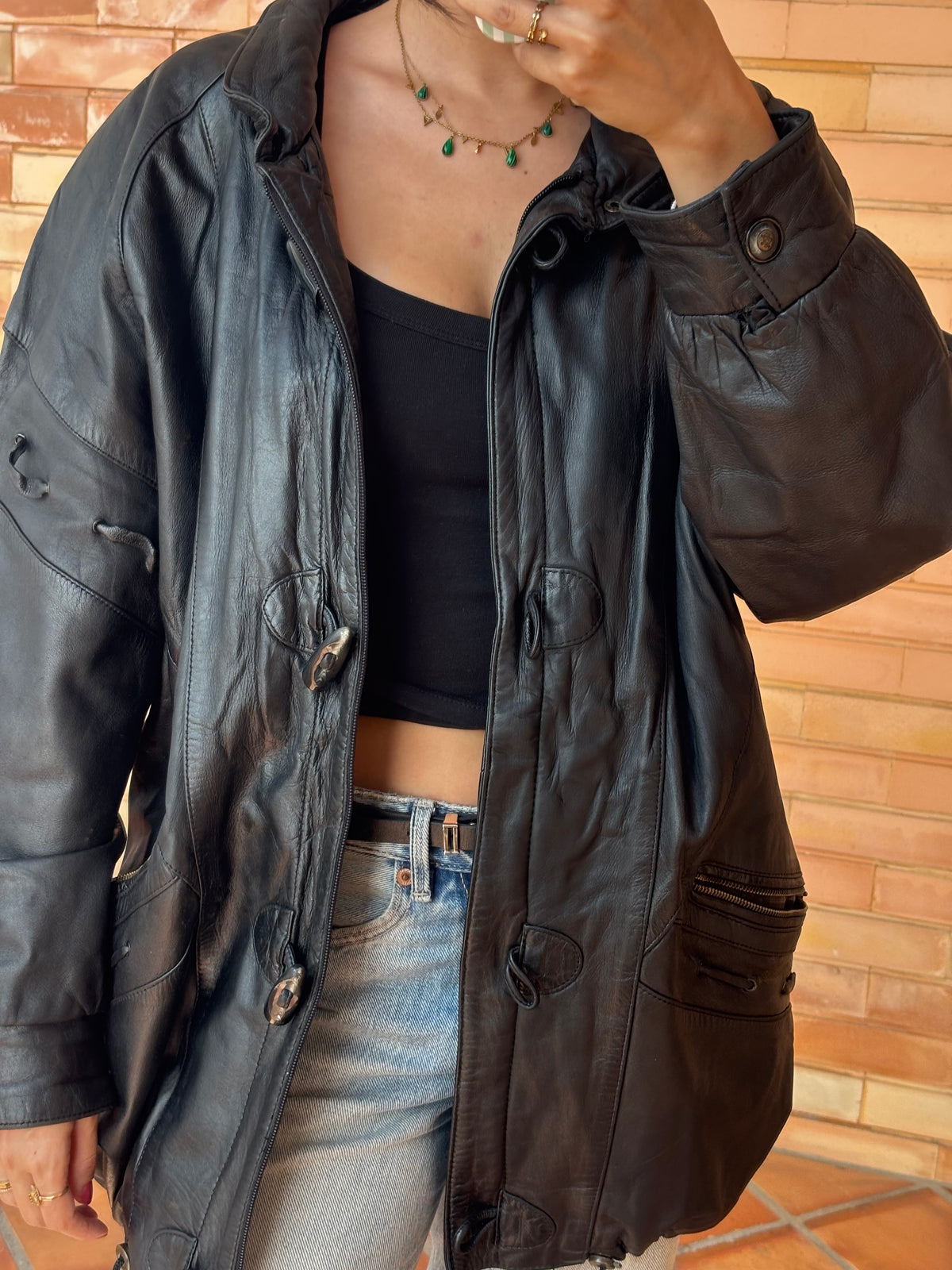 Casaco de Pele Royal Leather Preto com Fivelas
