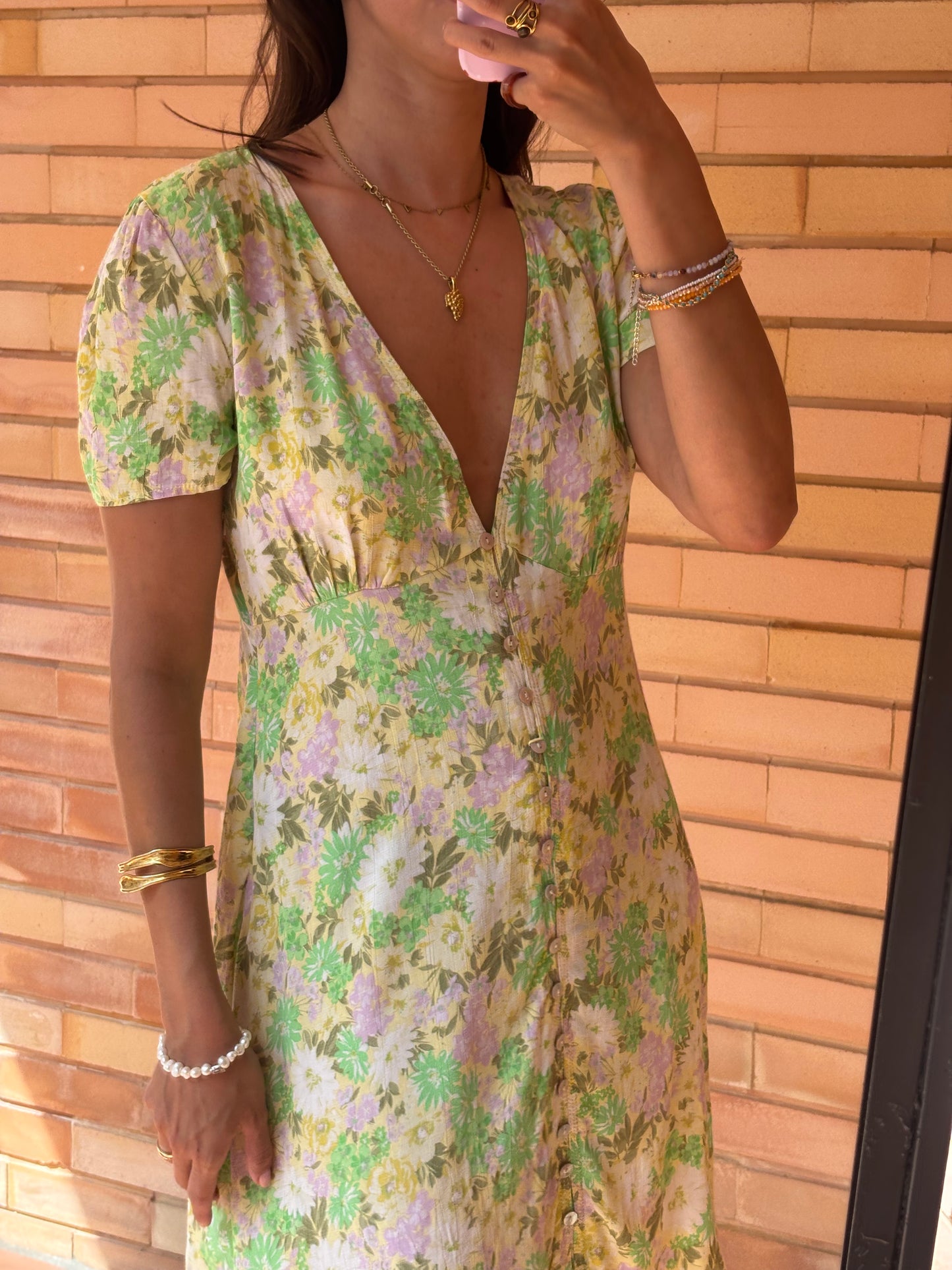 Vestido Floral Verde e Lilás Botões