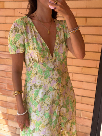 Vestido Floral Verde e Lilás Botões