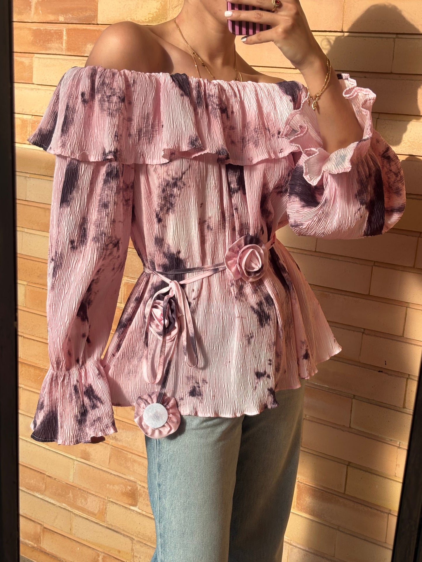 Blusa Off-Shoulder Rosa Tie-Dye