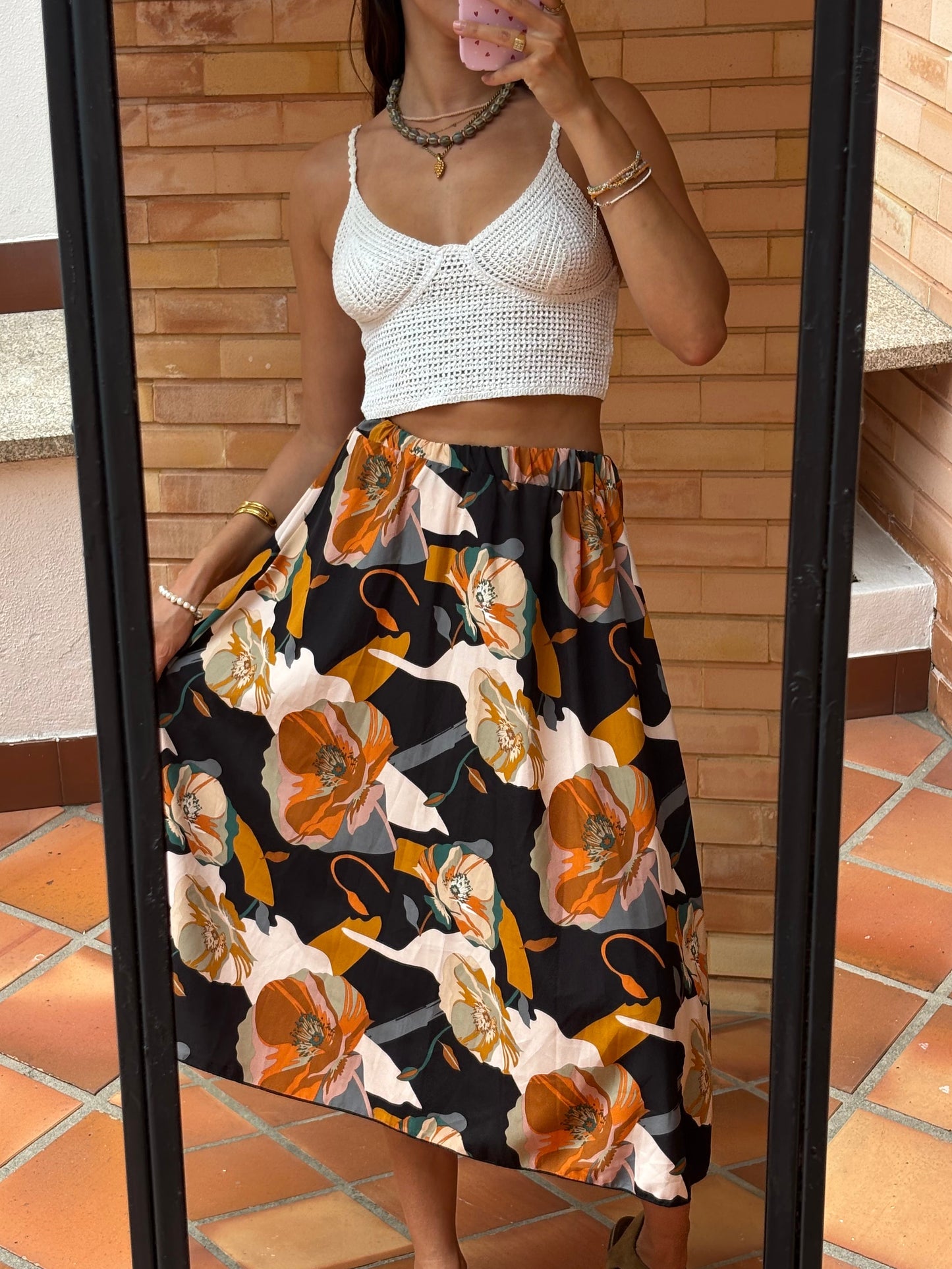 Saia Midi Estampado Floral Abstrato