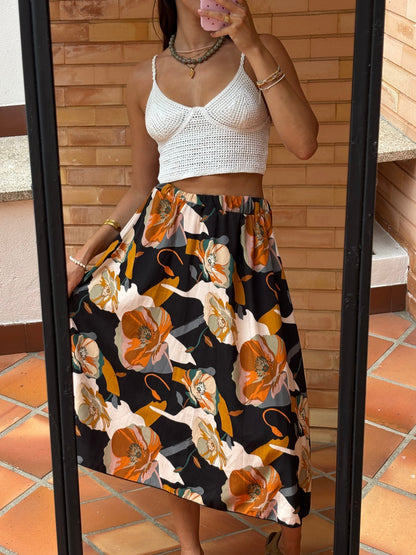 Saia Midi Estampado Floral Abstrato