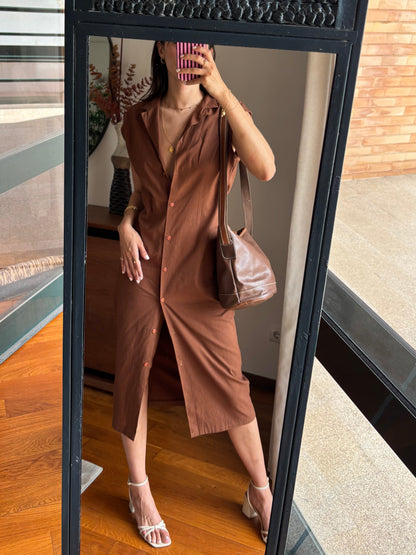 Vestido Midi Castanho em linho com Botões