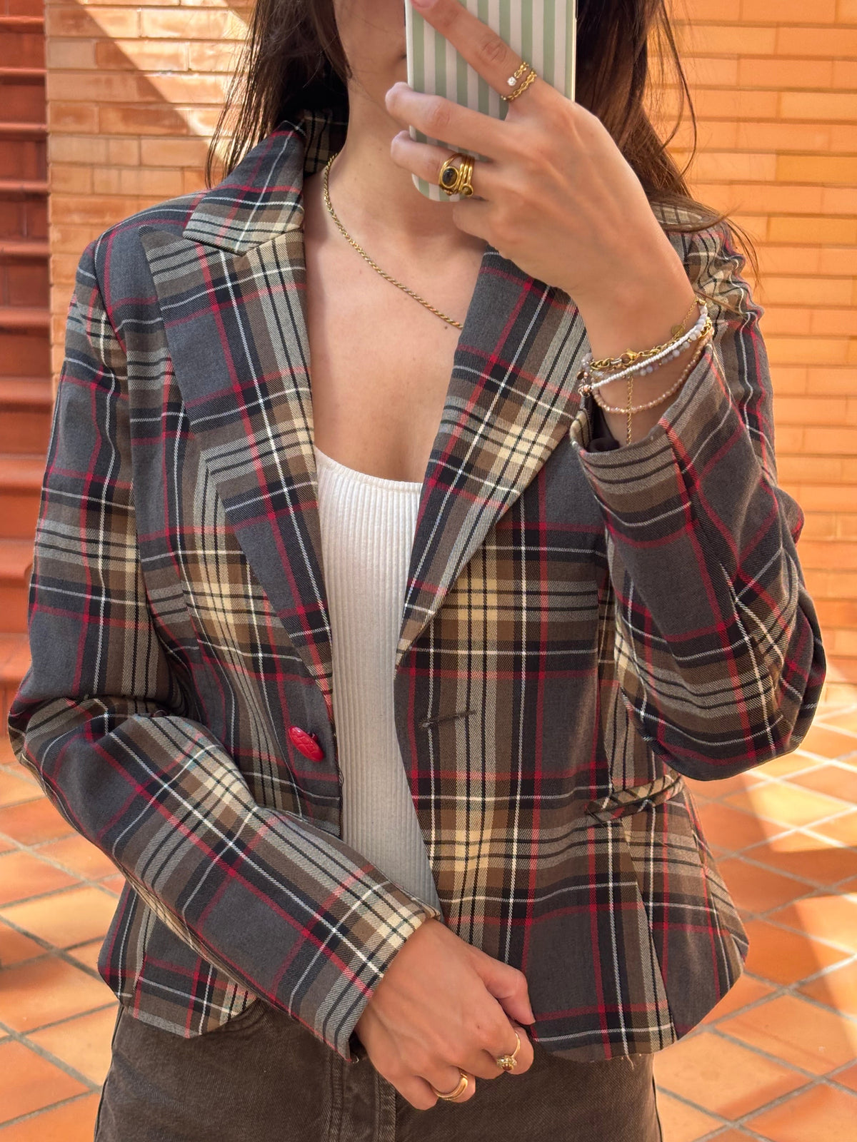 Blazer Rinascimento Xadrez Castanho e Vermelho