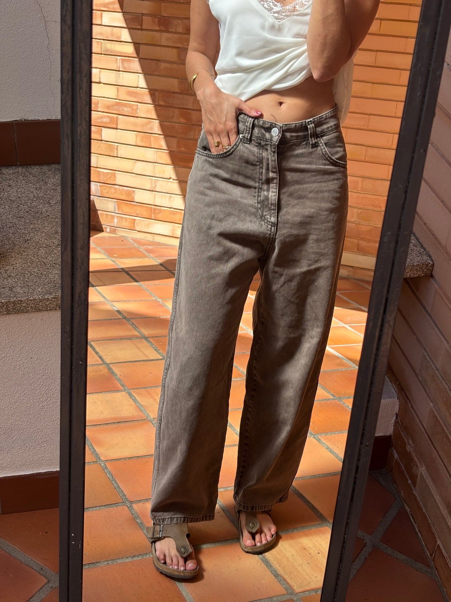 Calças De Ganga Wide Leg Castanho