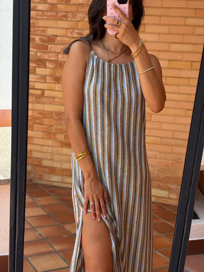 Vestido Maxi Riscas em Linho