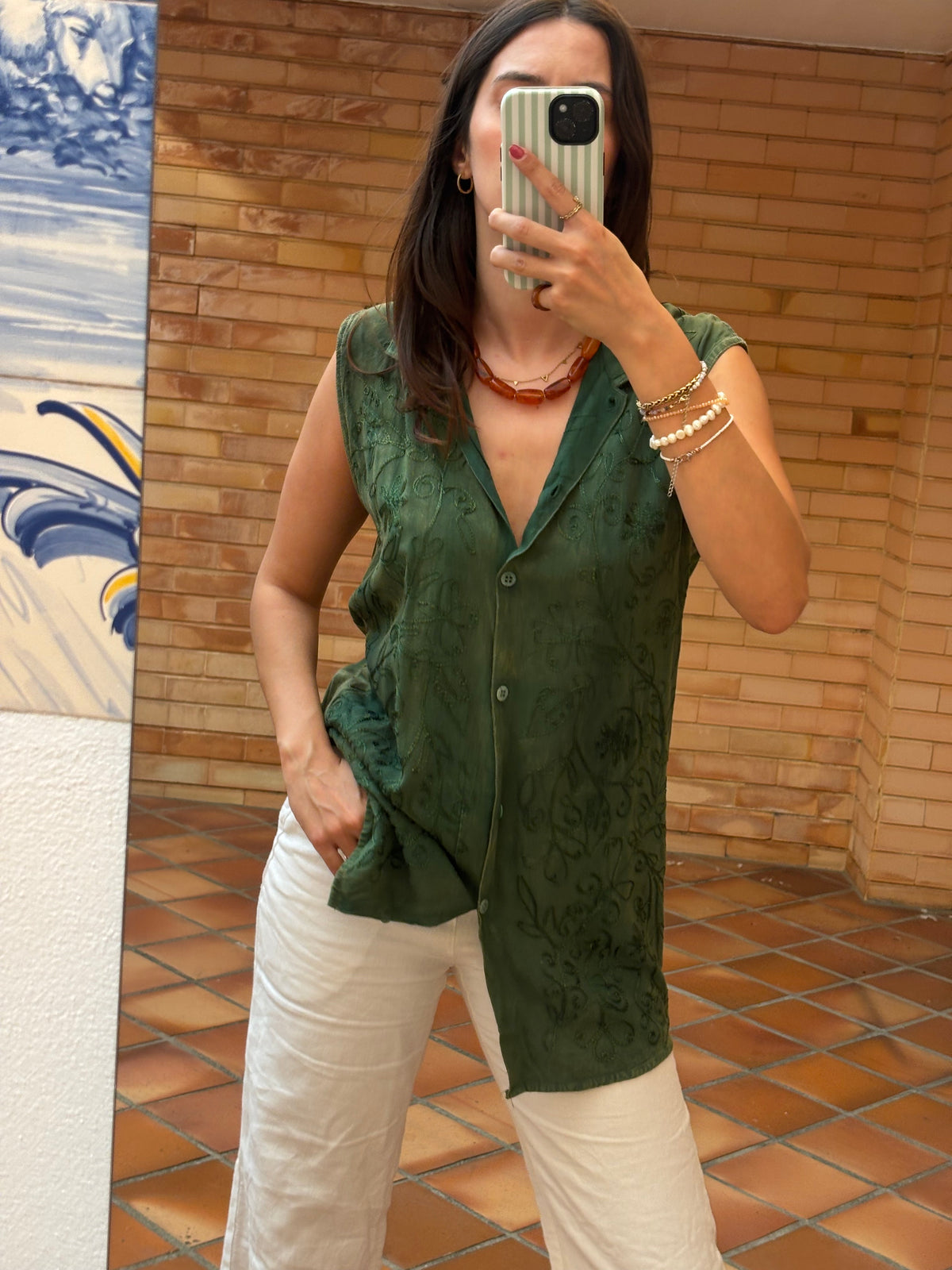 Camisa Verde Bordada Vintage