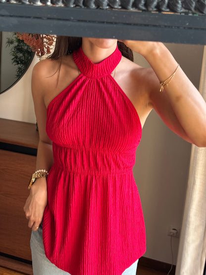 Top halter vermelho franzido