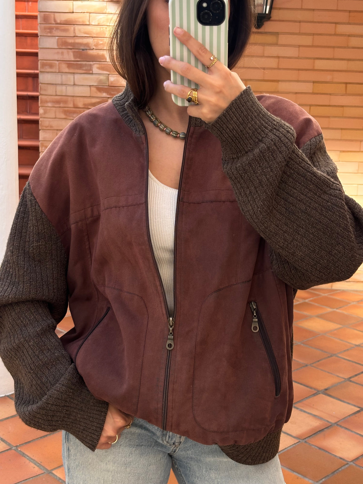 Casaco Bicolor Burgundy Com Malha Castanha