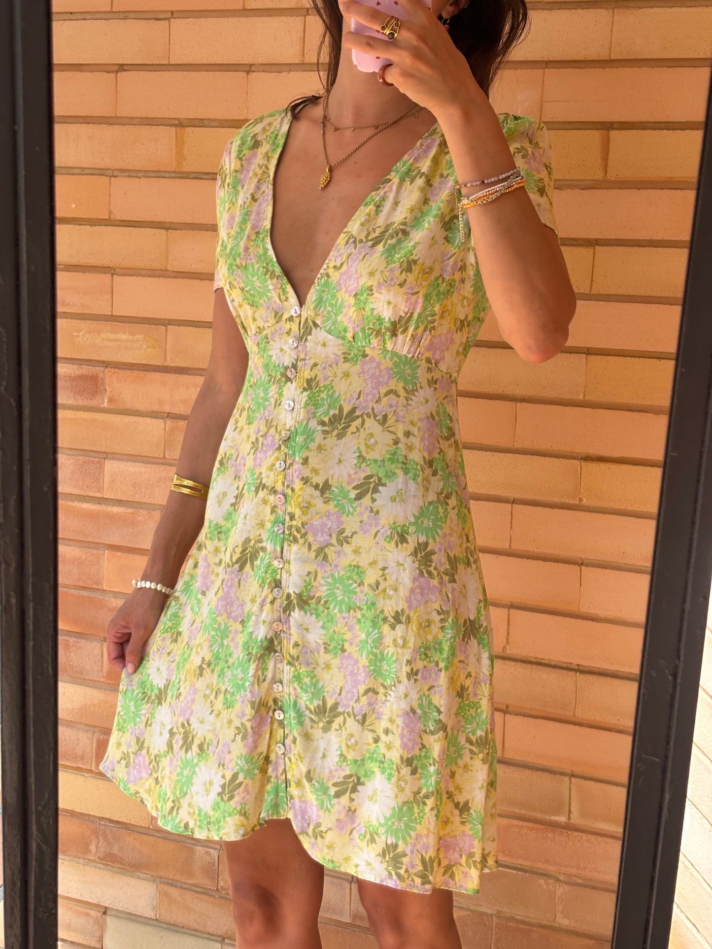 Vestido Floral Verde e Lilás Botões