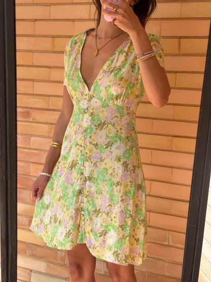 Vestido Floral Verde e Lilás Botões