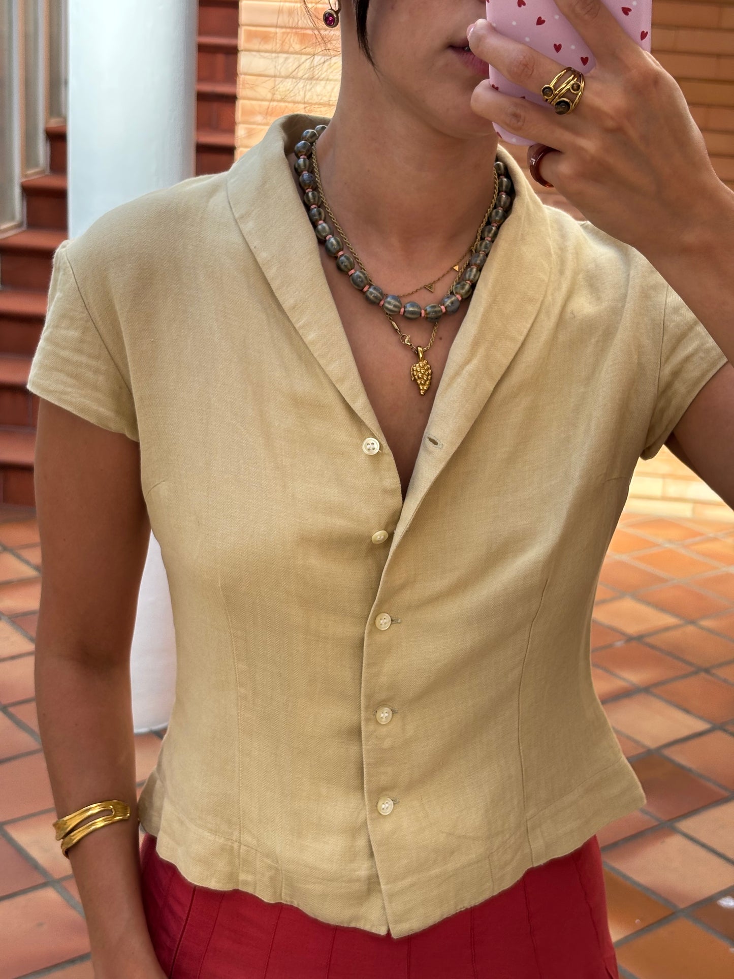 Camisa Bege Linho e Algodão Cintada