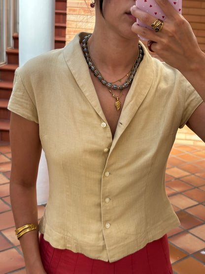 Camisa Bege Linho e Algodão Cintada