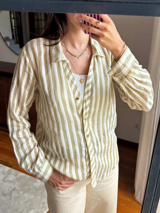 Camisa às riscas verde-sage e branco
