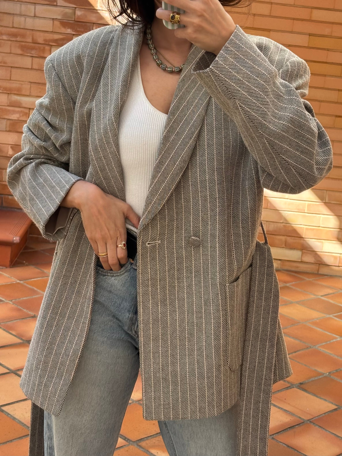 Blazer Oversized às Riscas com Cinto