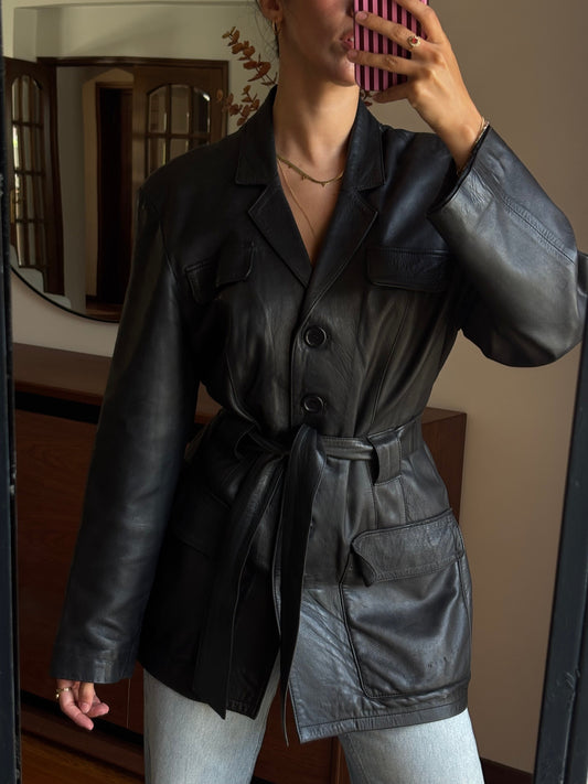 Black Leather Jacket with Belt