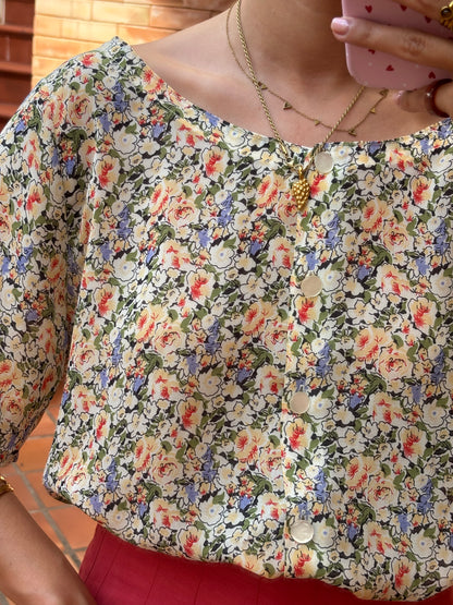 Blusa Floral Manga Ampla Acetinada