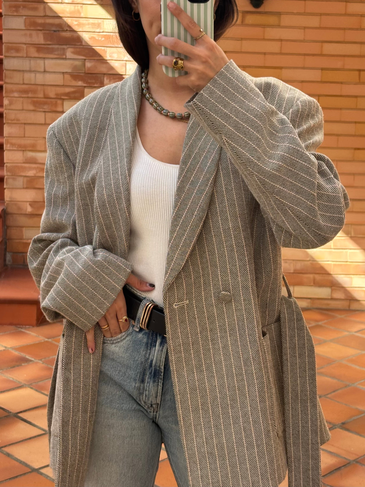 Blazer Oversized às Riscas com Cinto