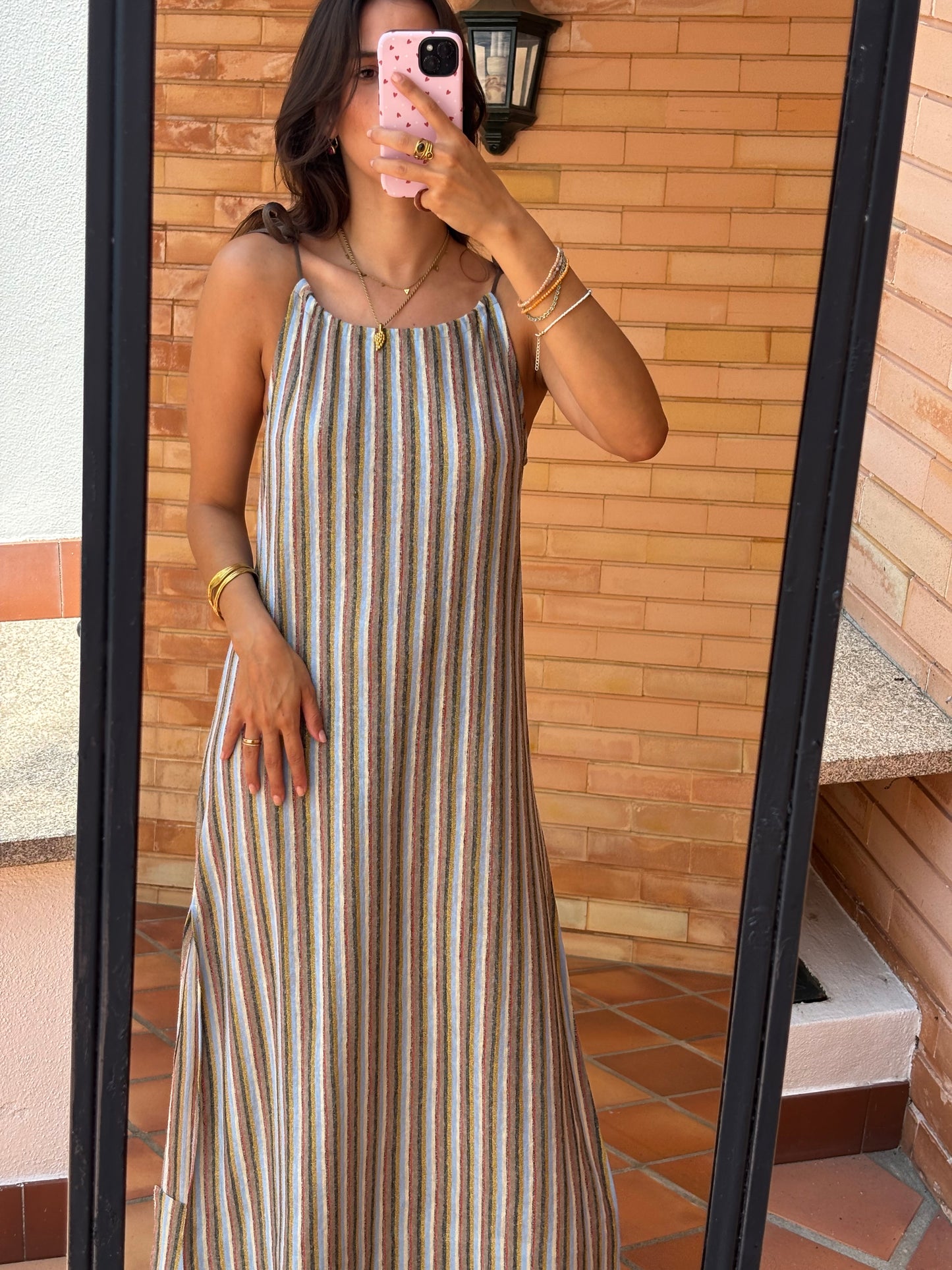 Vestido Maxi Riscas em Linho