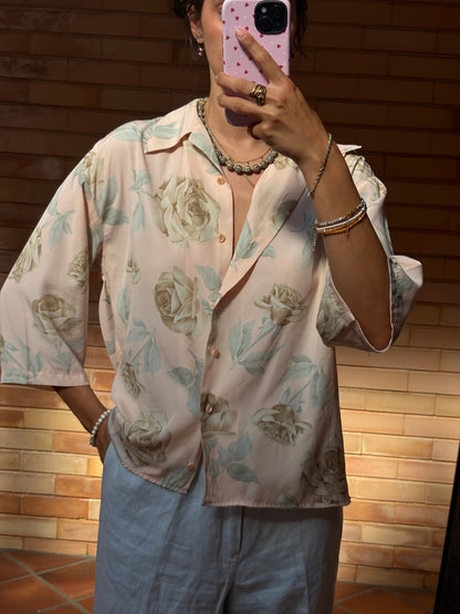 Camisa Floral Rosa Vintage Acetinada