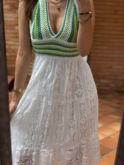 Vestido Halter Crochet e Renda
