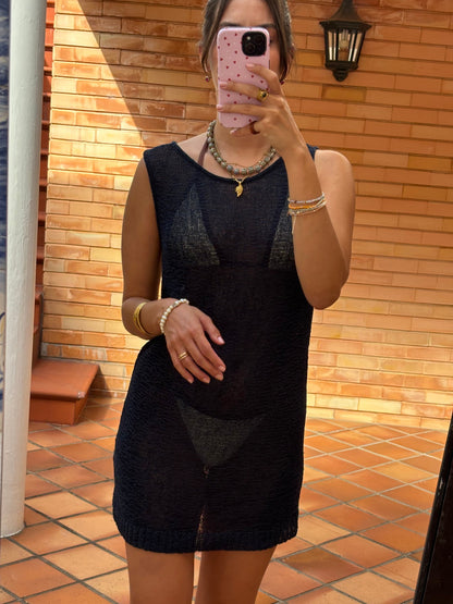 Vestido Azul-Escuro Tricot Semitransparente