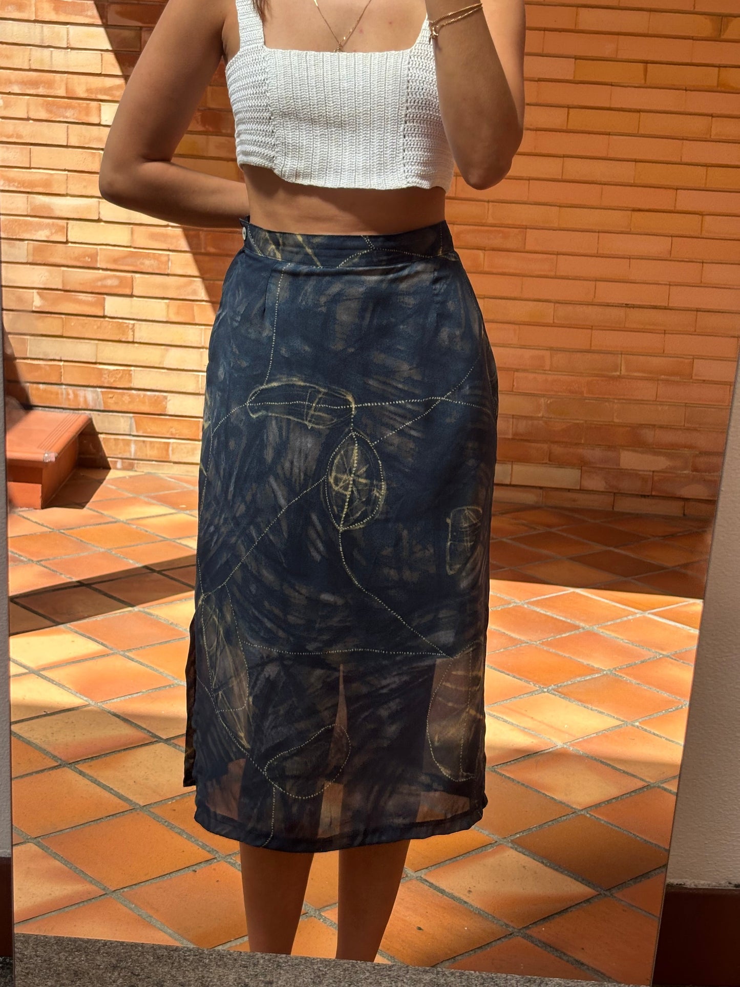 Saia Midi Vintage Azul Escuro