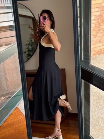 Vestido Midi Preto com Detalhe Creme