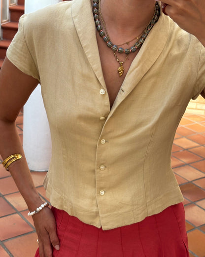 Camisa Bege Linho e Algodão Cintada