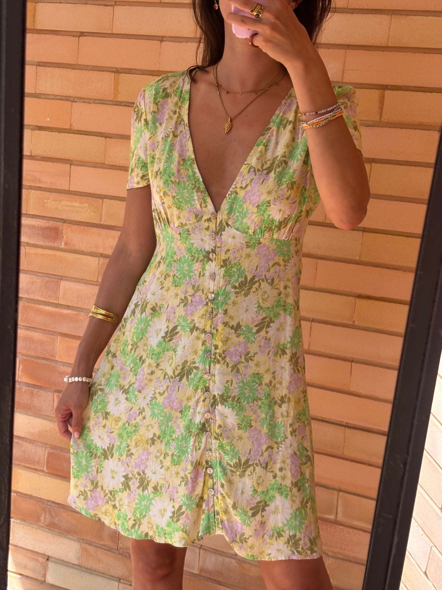 Vestido Floral Verde e Lilás Botões